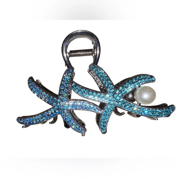 Blue Rhinestone Starfish Hair Claw Clip Pearl Beach Coastal Hair Accessory - Picture 3 of 6